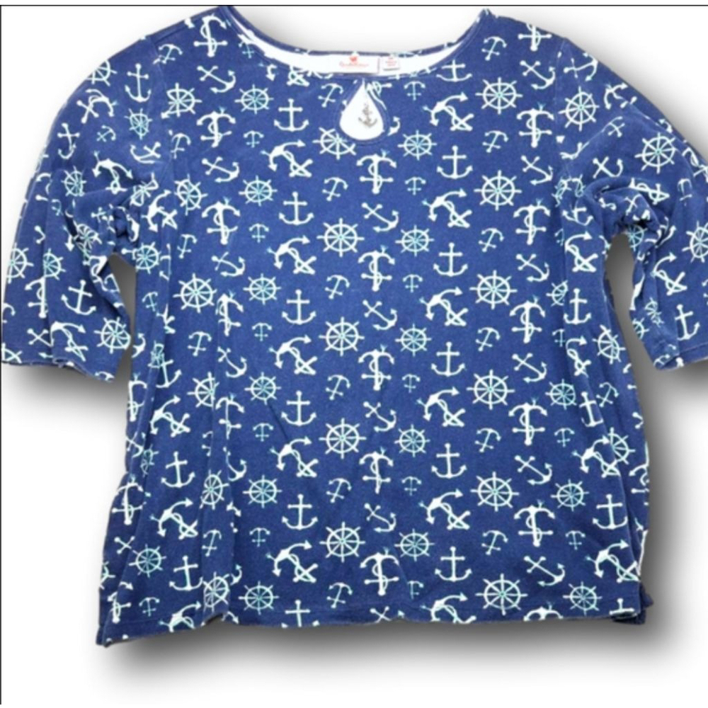 Women's Quacker Factory Long Sleeve Tee 2X Blue Green Anchor Print